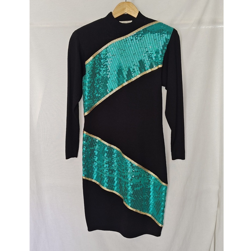 St. John Evening Dress Black Teal Sequin Santana Knit Mock Sweater Long Sleeve 4